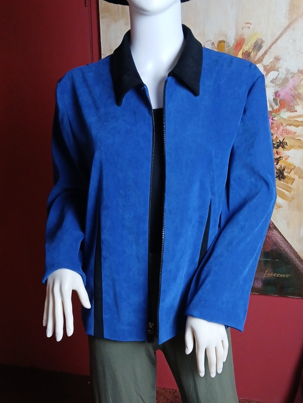 Vintage Melissa Harper Blue Faux Suede Full-Zip Jacket Black Contrast Collar S14